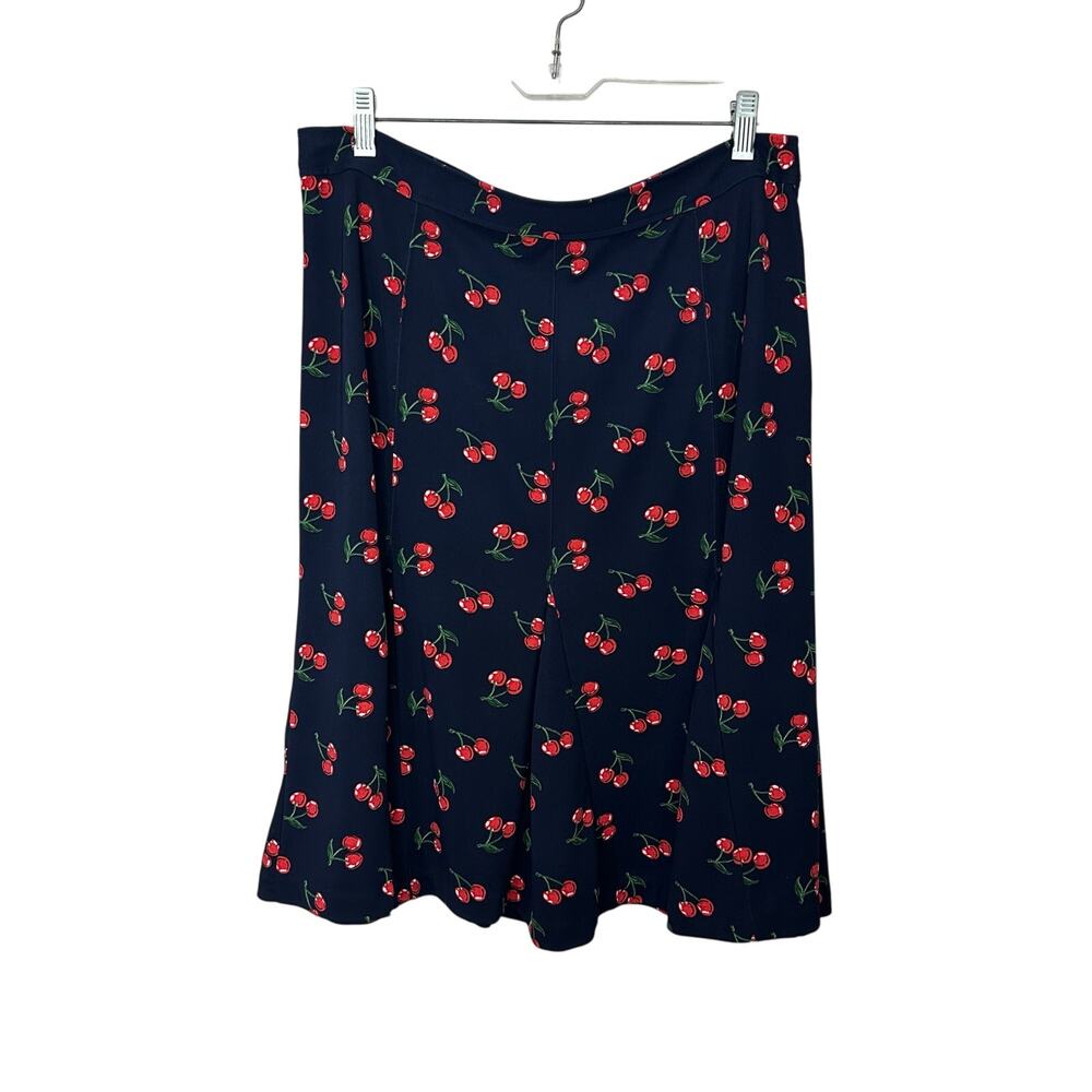 Talbots Cherry Print Skirt Women's 10 Blue Flare Flounce Side Zip‎ Knee Length